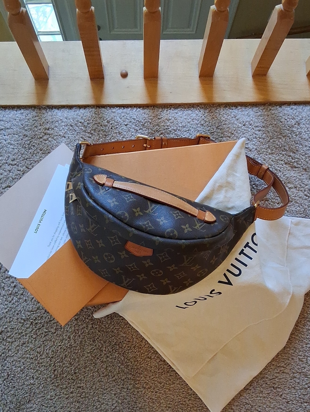 Authentic Louis Vuitton Brown Monogram Crossbody Sling Bum Bag with Tan Strap - Picture 5 of 17